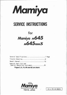 Mamiya M 645 J manual. Camera Instructions.